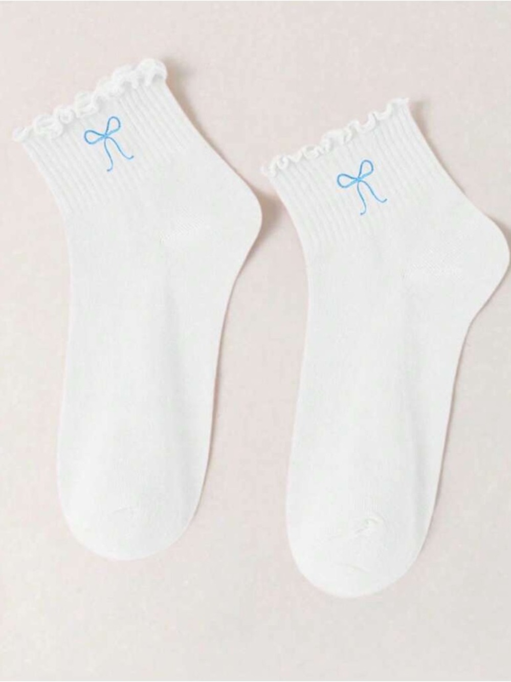 White Ruffle Ankle Socks with Blue Bow Embroidery
